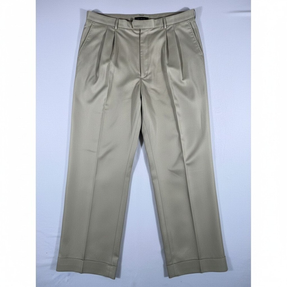 Savane Mens 44x30 Tan Khaki Pleated Dress Pants Cuffed Expandable Waist Trousers